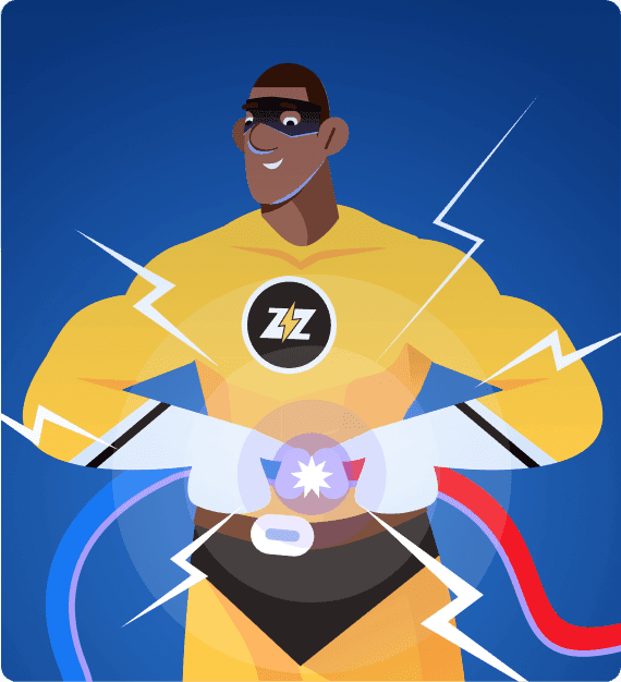 Buzznerd superhero mascot, fully charged with lightning bolts