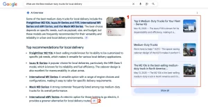 Google search results showing information on the best medium-duty trucks for local delivery, featuring models like the Freightliner M2 106, Isuzu N-Series, International MV Series, and others.